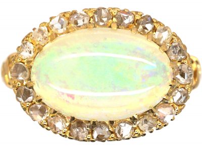 Edwardian 18ct Gold, Opal & Rose Diamond Cluster Ring