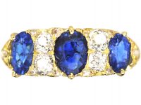 Victorian 18ct Gold, Three Stone Sapphire & Diamond Carved Half Hoop Ring