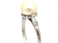 Art Deco 18ct White Gold, Cultured Pearl Ring with Baguette Diamond Shoulders
