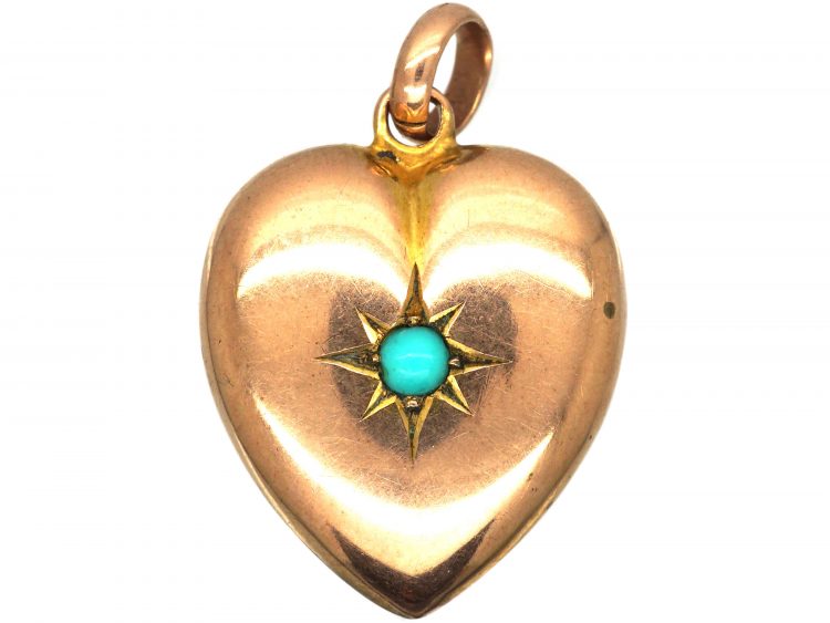 Edwardian 9ct Gold Heart Shaped Pendant set with a Turquoise