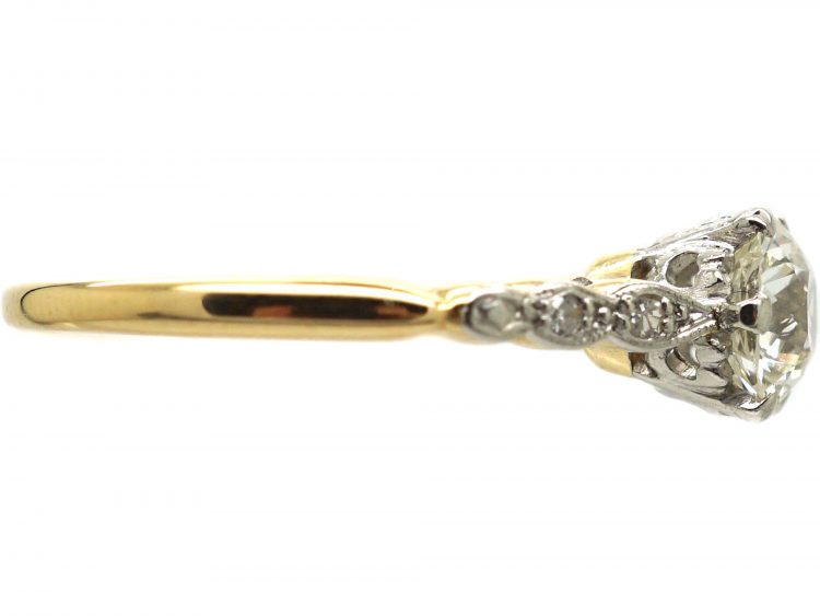 Art Deco 18ct Gold & Platinum Diamond Solitaire Ring with Diamond Set Shoulders
