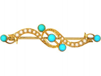 Edwardian 15ct Gold Turquoise & Natural Split Pearl Brooch