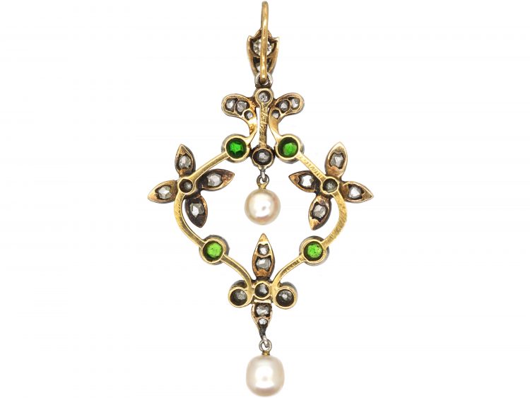 Edwardian Green Garnet, Diamond & Natural Pearl Pendant