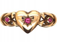 Early 20th Century 8ct Gold Ring with Heart & Knot Motif set with Cabochon Rubies