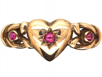Early 20th Century 8ct Gold Ring with Heart & Knot Motif set with Cabochon Rubies