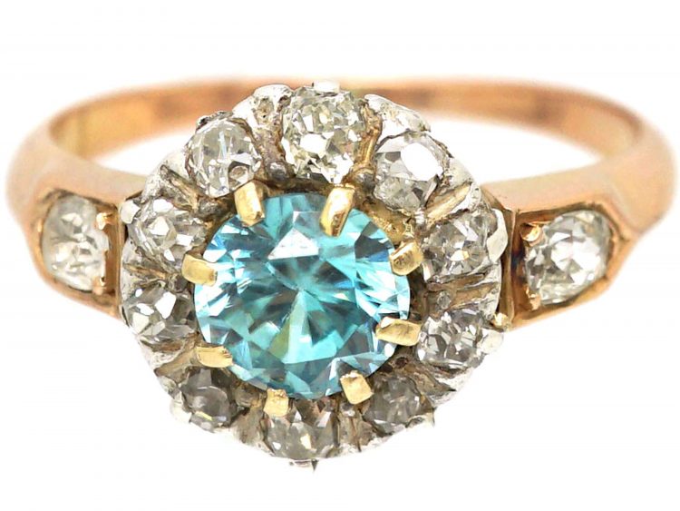Edwardian Zircon & Diamond Cluster Ring with Diamond Set Shoulders