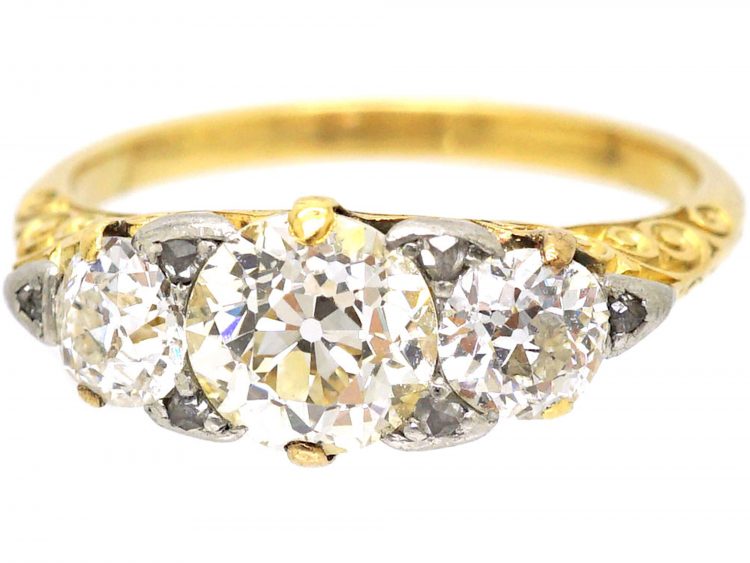 Victorian 18ct Gold, Three Stone Diamond Carved Half Hoop Ring