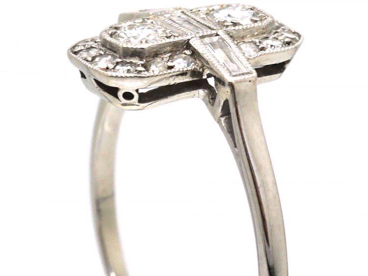 Art Deco Rectangular Shaped Ring with Round & Baguette Diamonds