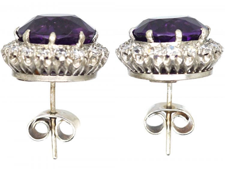 18ct White Gold, Large Amethyst & Diamond Cluster Earrings