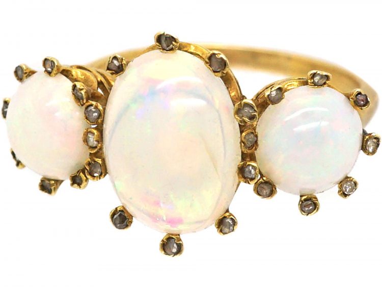 Edwardian 18ct Gold, Three Stone Opal Ring with Diamond Set Claws