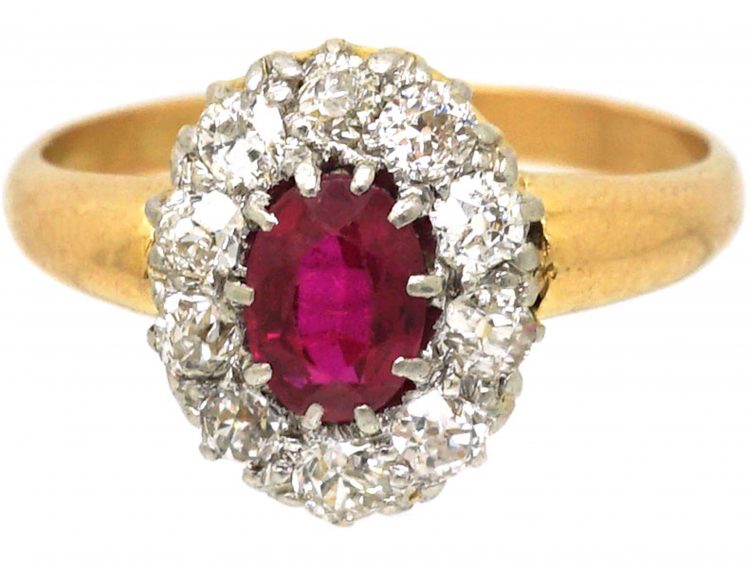 Edwardian 18ct Gold, Ruby & Diamond Cluster Ring