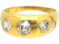 Victorian 18ct Gold, Three Stone Old Mine Cut Diamond Rub Over Set Ring