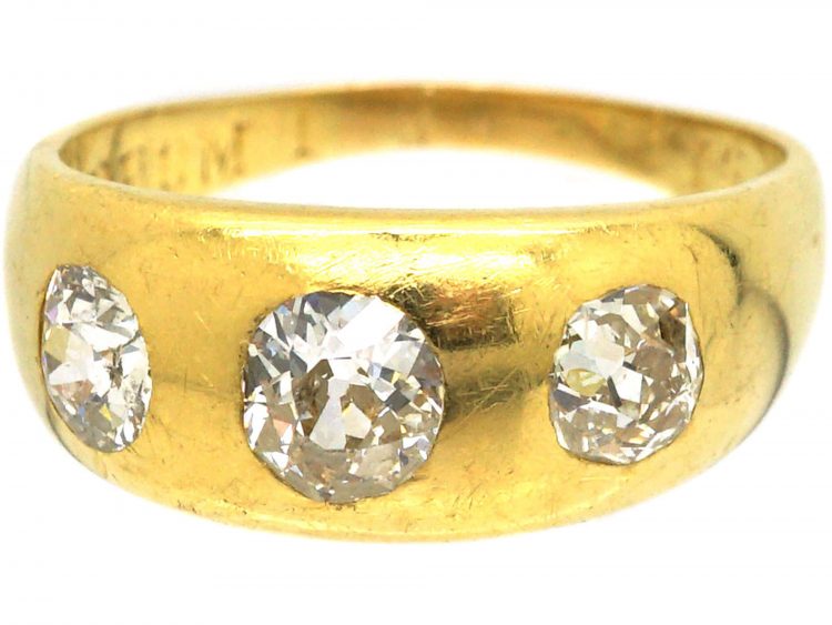 Victorian 18ct Gold, Three Stone Old Mine Cut Diamond Rub Over Set Ring