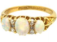 Edwardian 18ct Gold, Three Stone Opal & Diamond Ring by Deakin & Francis