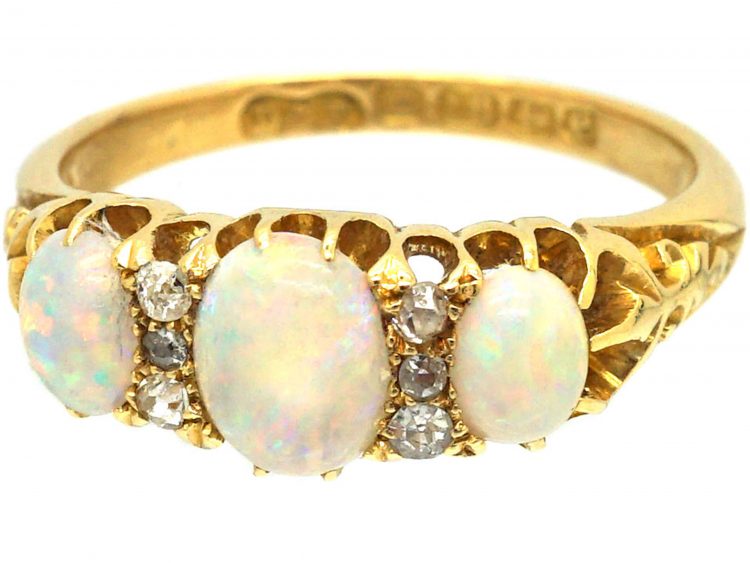 Edwardian 18ct Gold, Three Stone Opal & Diamond Ring by Deakin & Francis