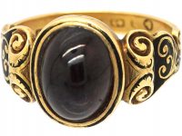 Victorian 18ct Gold, Black Enamel & Cabochon Garnet Mourning Ring