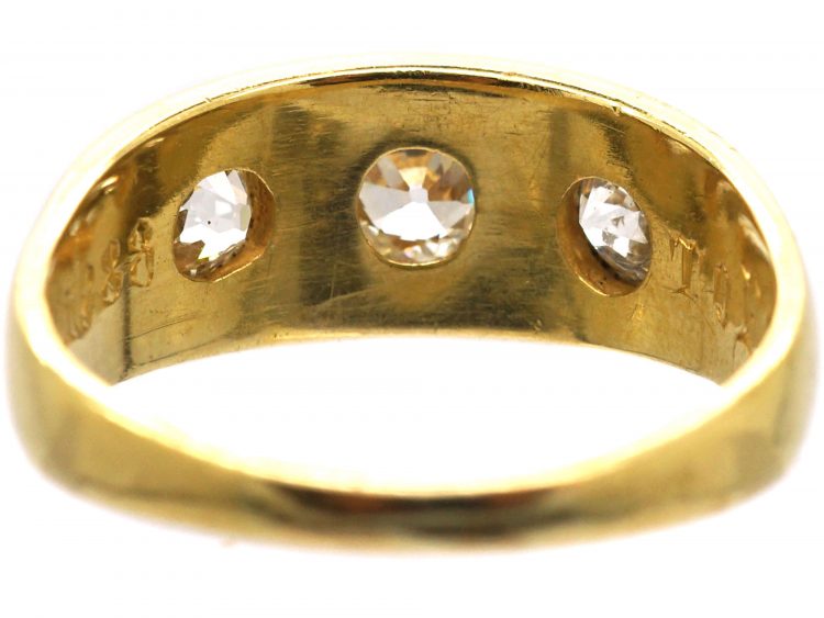 Victorian 18ct Gold, Three Stone Old Mine Cut Diamond Rub Over Set Ring