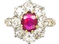 French Belle Epoque 18ct Gold, Burma Ruby & Diamond Cluster Ring with Diamond Set Shoulders