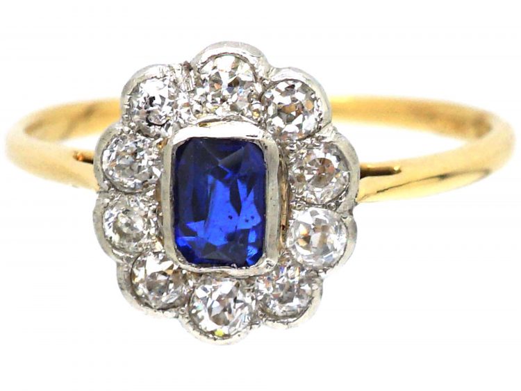 Edwardian 18ct Gold Sapphire & Diamond Oval Cluster Ring