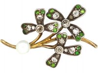 Edwardian 15ct Gold & Silver, Three Leaf Clover, Green Garnet, Diamond & Natural Pearl Brooch