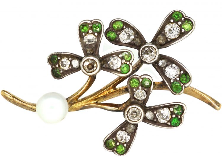 Edwardian 15ct Gold & Silver, Three Leaf Clover, Green Garnet, Diamond & Natural Pearl Brooch