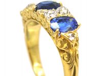 Victorian 18ct Gold, Three Stone Sapphire & Diamond Carved Half Hoop Ring