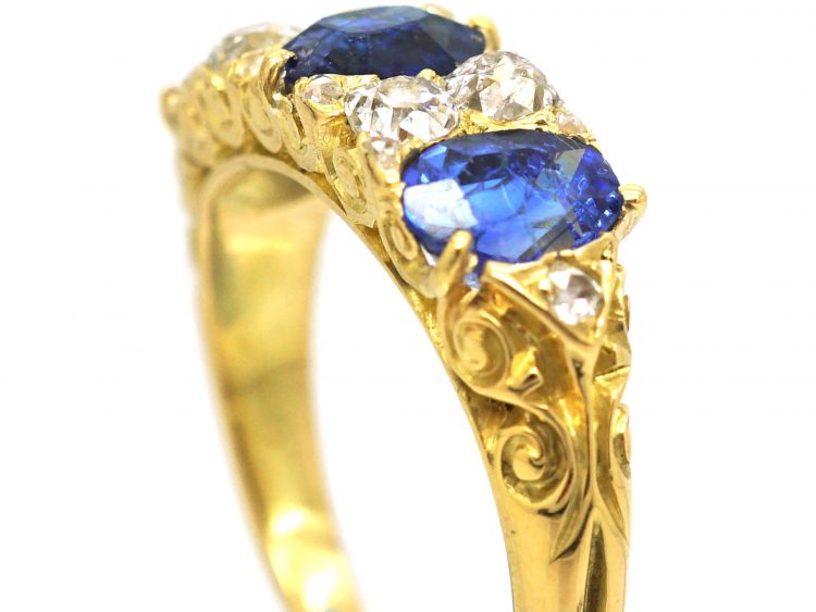 Victorian 18ct Gold, Three Stone Sapphire & Diamond Carved Half Hoop Ring
