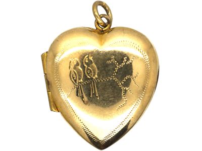 9ct Gold Back & Front Heart Shaped Locket with Two Engraved Love Birds