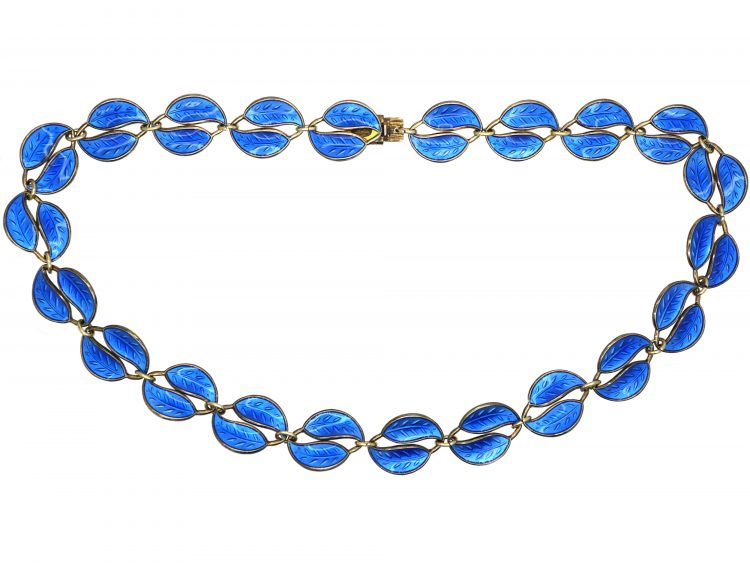 1950s Silver & Blue Enamel Double Leaf Necklace by Willy Winnaess for David Andersen