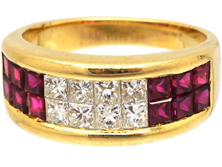 18ct Gold, Square Cut Ruby & Square Cut Diamond Ring