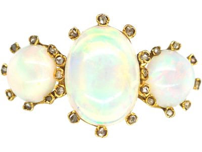 Edwardian 18ct Gold, Three Stone Opal Ring with Diamond Set Claws