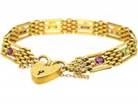 Edwardian 15ct Gold Gate Bracelet set with Peridots & Amethysts