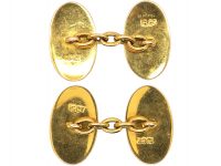 Art Deco 15ct Gold Oval Cufflinks with Blue & White Enamel Stripe Motif