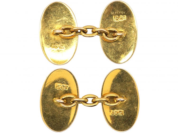 Art Deco 15ct Gold Oval Cufflinks with Blue & White Enamel Stripe Motif