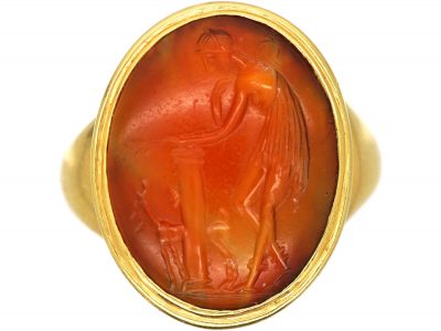 Georgian 18ct Gold & Carnelian Ring with Roman Intaglio of Woman, Altar & Deer