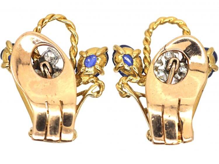 Retro 18ct Gold Giardinetti Earrings set with Carved Sapphires, Diamonds & Rubies