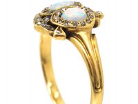 Victorian 18ct Gold, Opal & Rose Diamond Ring with Double Heart & Anchor Motif