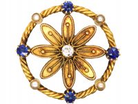 Edwardian 15ct Gold Flower Brooch set with Sapphires, Natural Split Pearls & a Diamond in Original Case