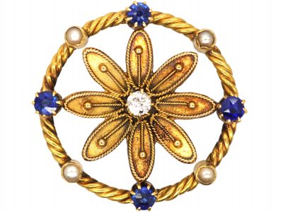 Edwardian 15ct Gold Flower Brooch set with Sapphires, Natural Split Pearls & a Diamond in Original Case