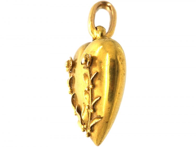 Victorian 15ct Gold Heart Shaped Pendant with Applied Gold Flowers