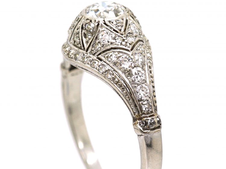 Art Deco 18ct White Gold Ring set with a Half Carat Diamond with ornate Small Diamond set Detail