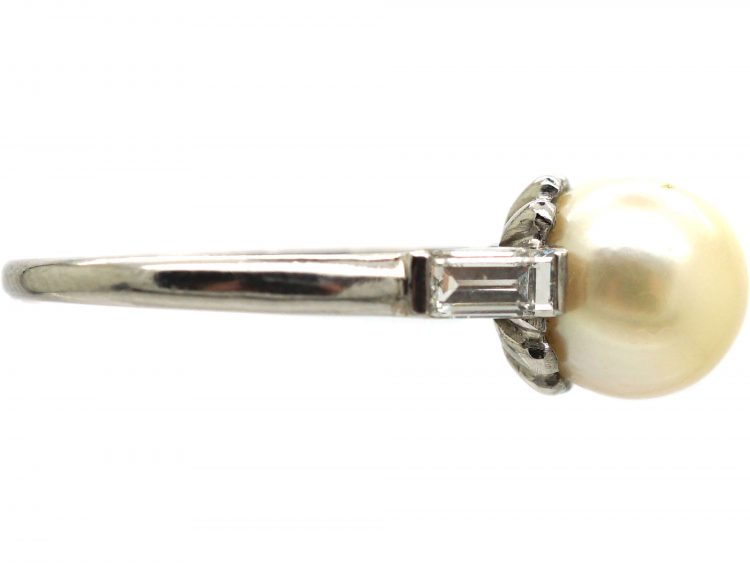 Art Deco 18ct White Gold, Cultured Pearl Ring with Baguette Diamond Shoulders