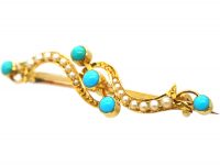 Edwardian 15ct Gold Turquoise & Natural Split Pearl Brooch