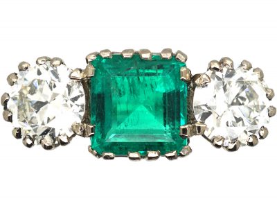 Art Deco Platinum, Colombian Emerald & Diamond Large Three Stone Ring