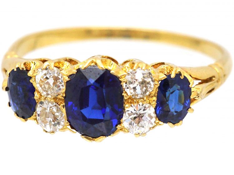 Victorian 18ct Gold, Three Stone Sapphire & Diamond Ring