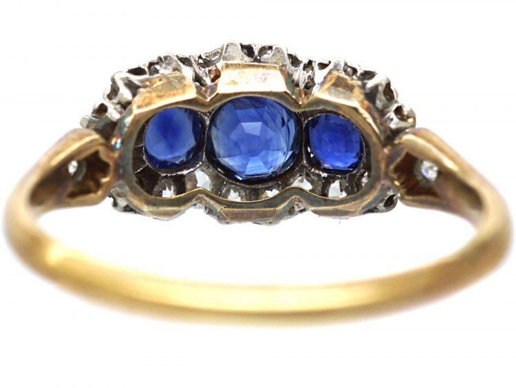 Victorian 18ct Gold, Sapphire & Diamond Three Stone Cluster Ring