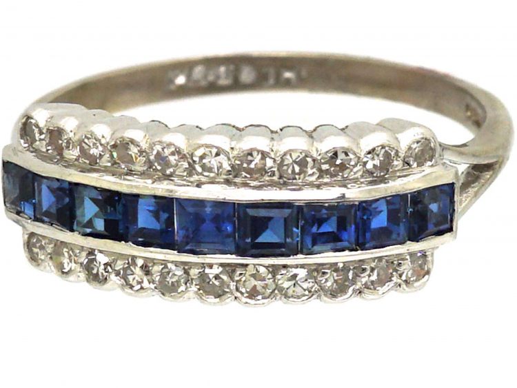 Art Deco Platinum, Sapphire & Diamond Three Row Ring