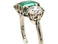 Art Deco Platinum, Colombian Emerald & Diamond Large Three Stone Ring