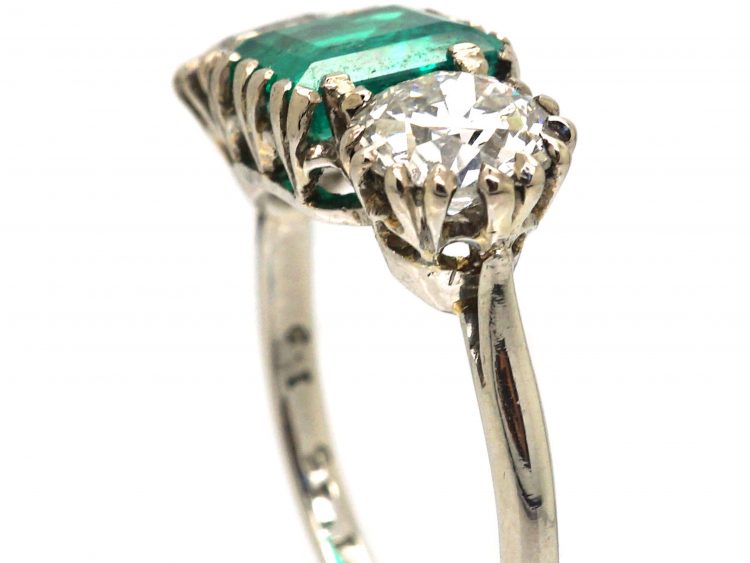 Art Deco Platinum, Colombian Emerald & Diamond Large Three Stone Ring