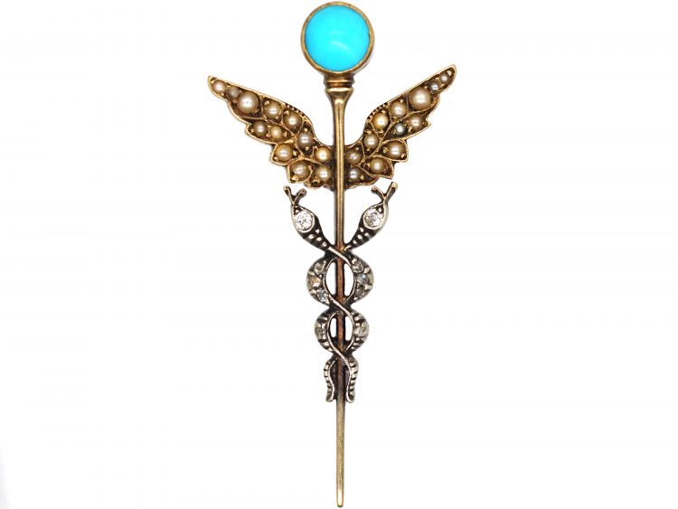 Edwardian 15ct Gold & Silver Caduceus Brooch set with Rose Diamonds, Turquoise & Natural Split Pearls